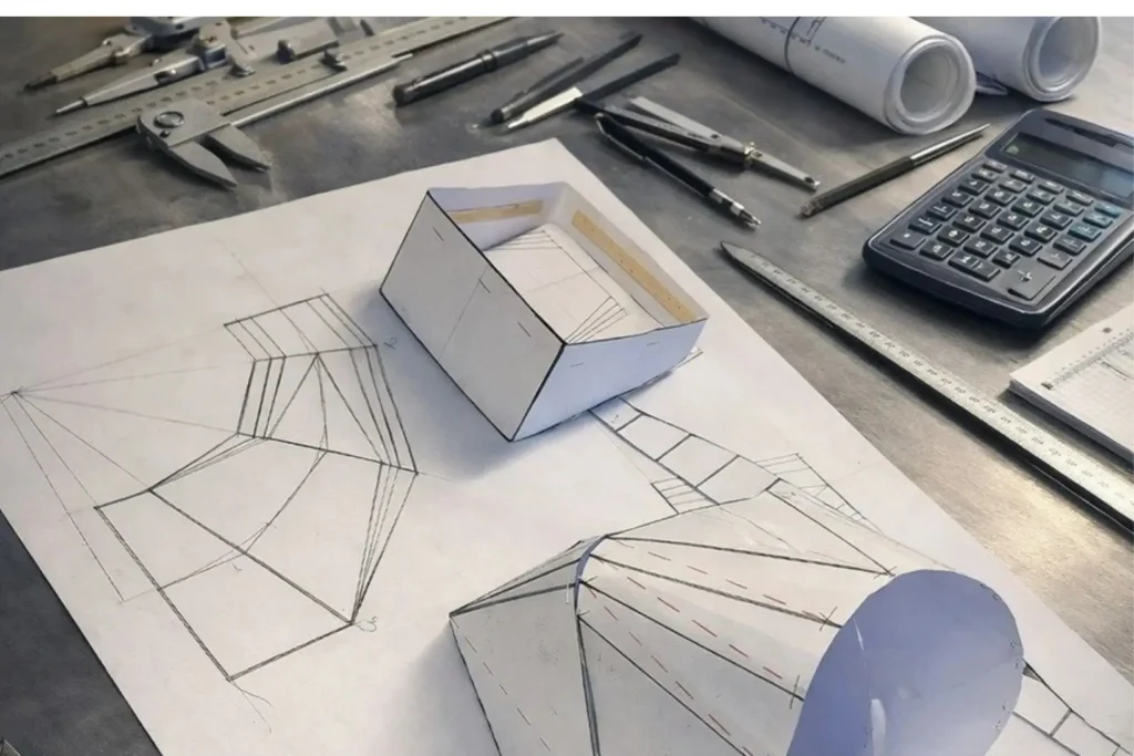 Engineering drawing and template layout used in a boilermaker course at Wheelset Academy for fabrication training.