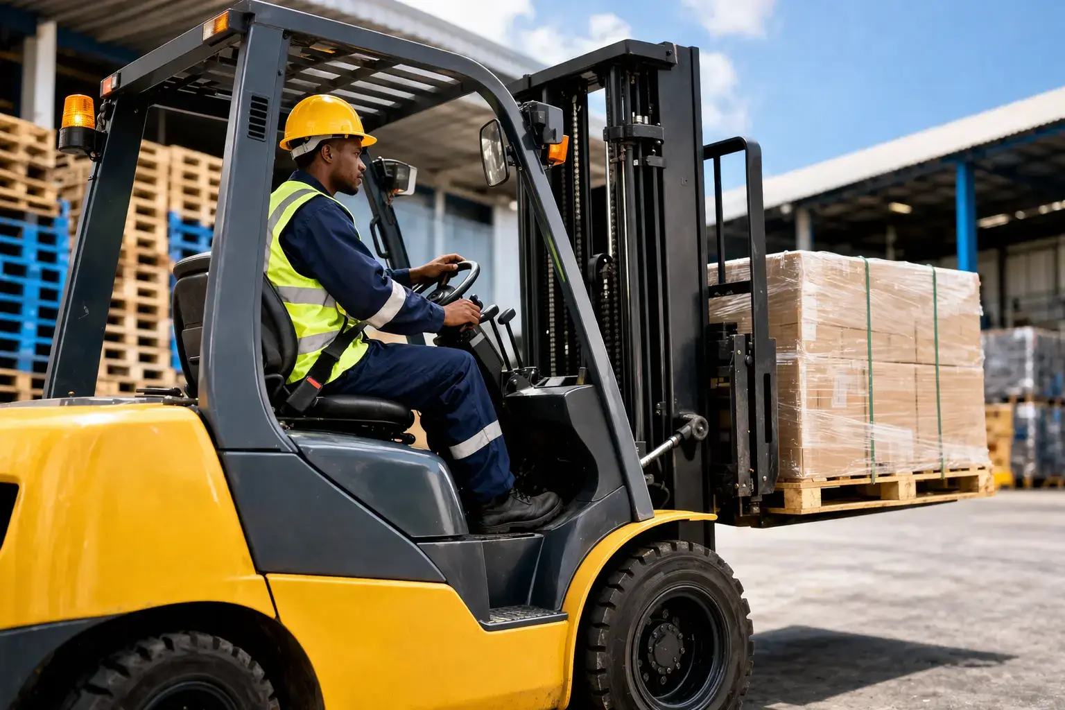 Counterbalanced lift truck operator moving a pallet in an industrial warehouse yard