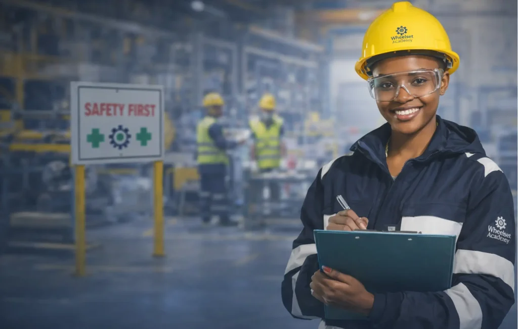 Occupational Health and Safety Assistant learner in PPE holding a clipboard in an industrial workplace