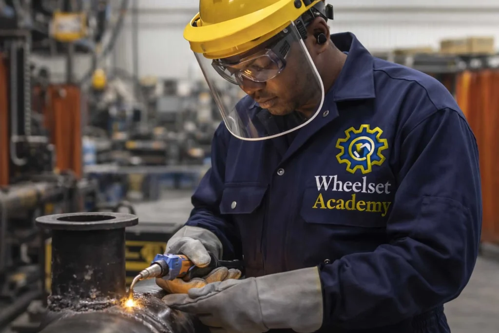 Boilermaker student in full PPE performing metalwork during practical workshop training at Wheelset Academy