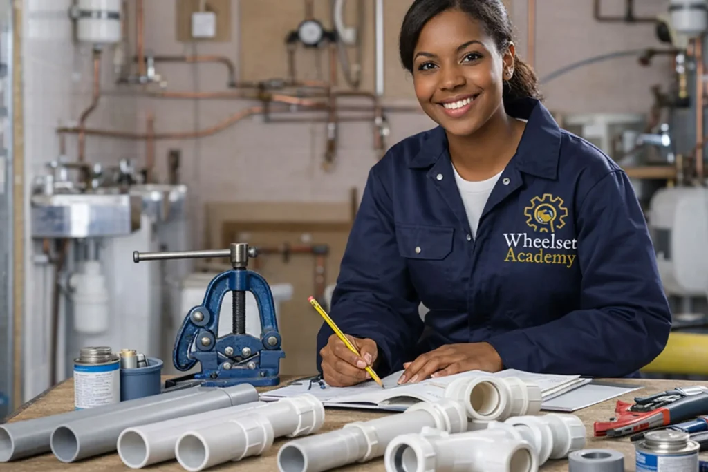 Female learner studying pipework and plumbing systems during a plumbing course at Wheelset Academy