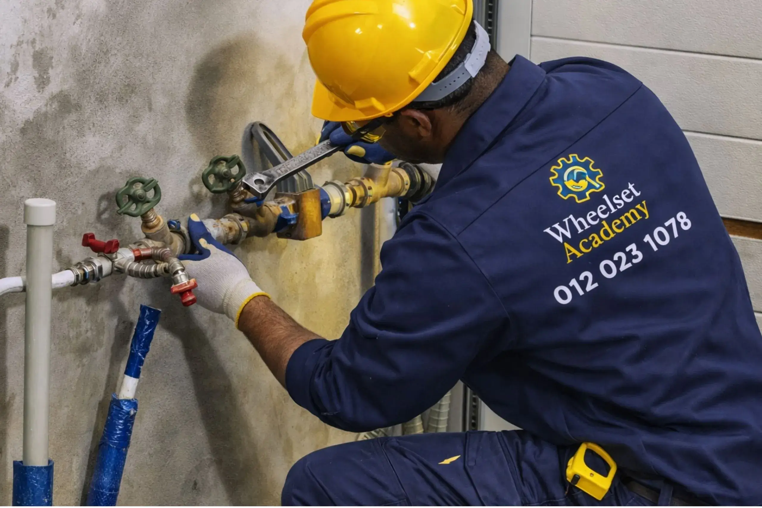 Learner installing and adjusting water pipe valves during practical plumbing course training