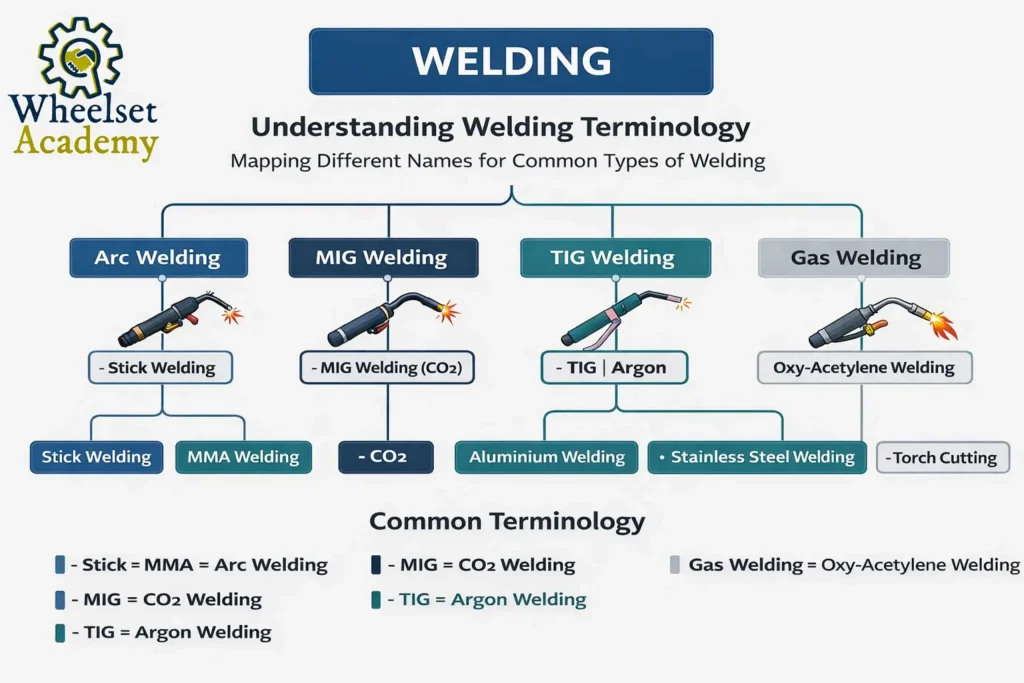 Welding short courses flowchart at Wheelset Academy showing arc welding, stick welding, MIG welding, CO2 welding, TIG welding, argon welding, gas welding, oxy-acetylene welding, aluminium welding, and stainless steel welding.
