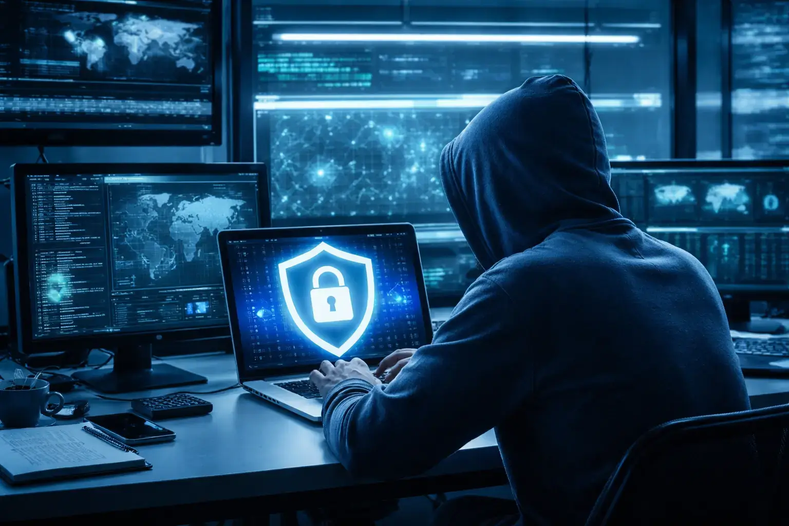 Cybersecurity Practitioner course professional working at multiple monitors in a dark security operations centre with a glowing shield symbol on a laptop screen