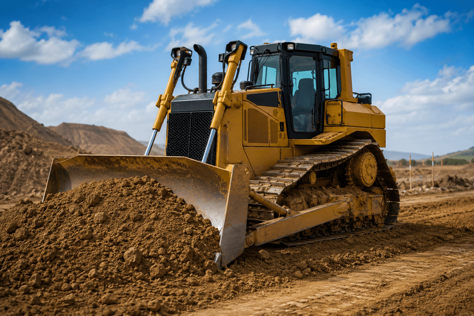Dozer Operator training with bulldozer pushing soil on an earthmoving construction site.
