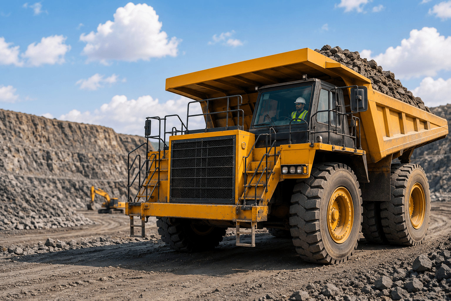 Dump Truck Operator training with heavy mining truck transporting rock material in an open quarry site.