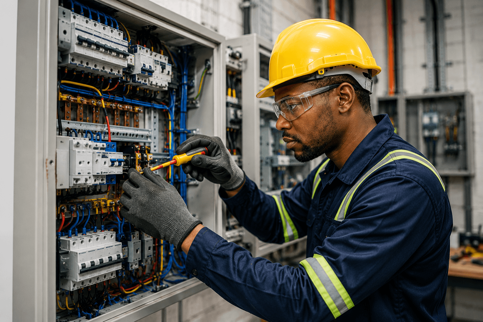 Electrician course training with electrician working on an electrical control panel in an industrial workshop.