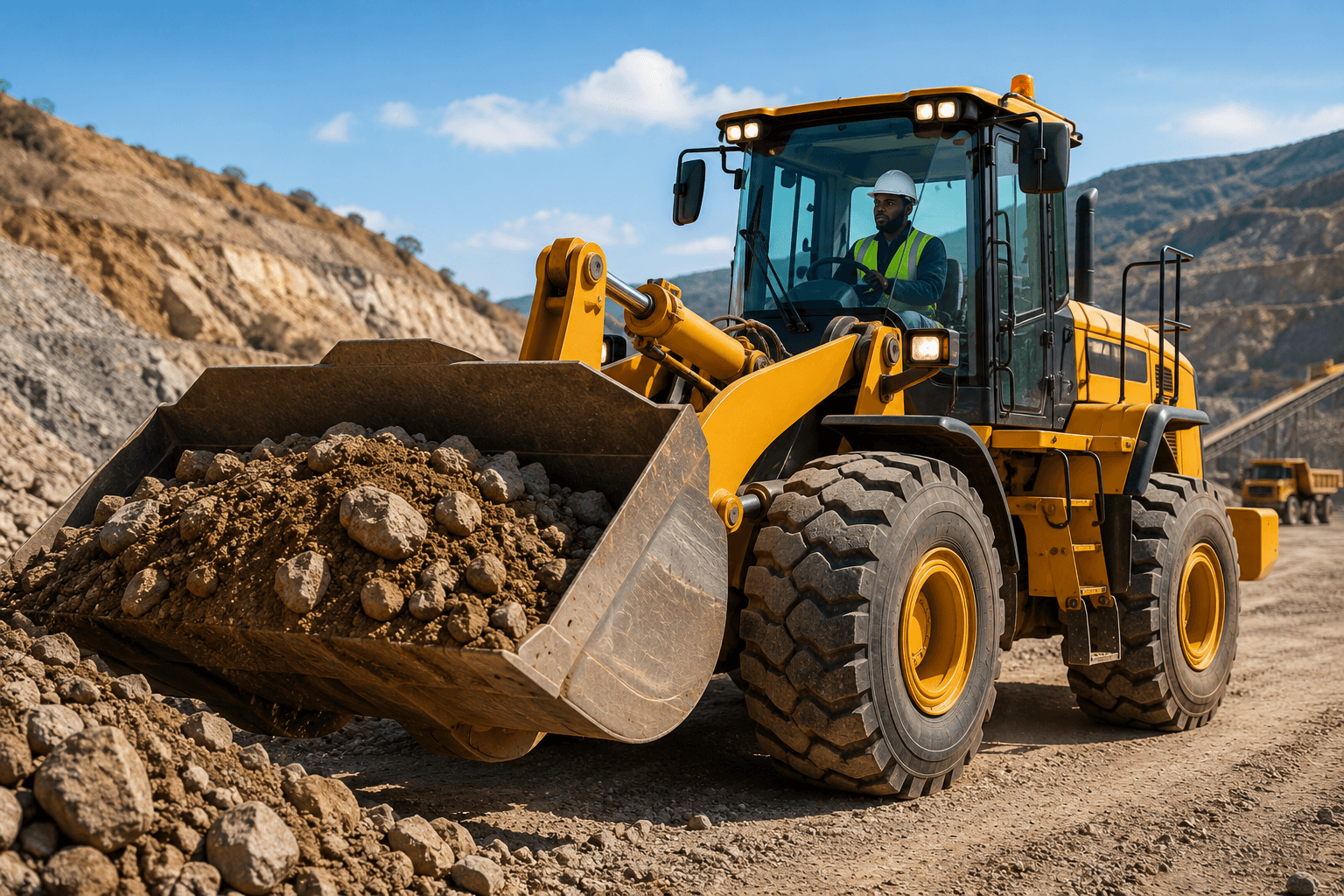 Front-end loader operator during practical mining and construction training at Wheelset Academy South Africa