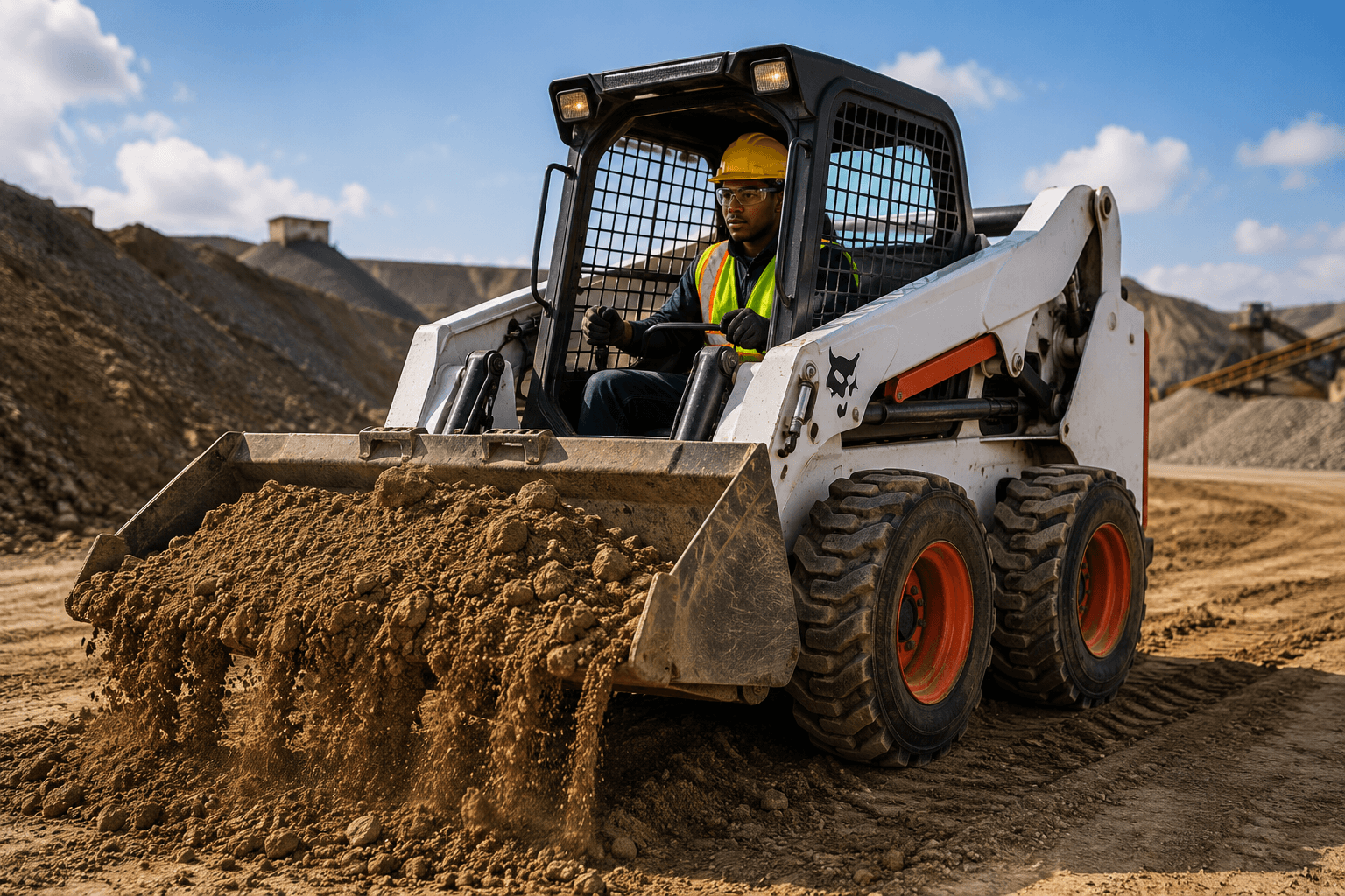 Skid Steer Loader Operator training with skid steer loader moving soil on a construction site.