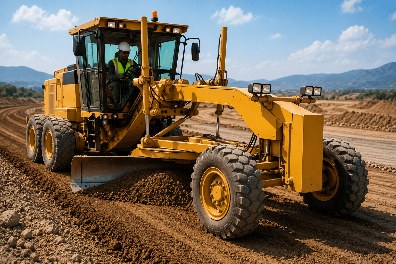 Surface Grader Operator training with motor grader levelling a road construction surface on a construction site.