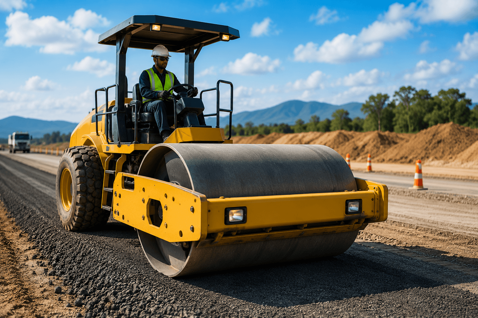 Surface Roller Operator training with road roller compacting asphalt during road construction operations.