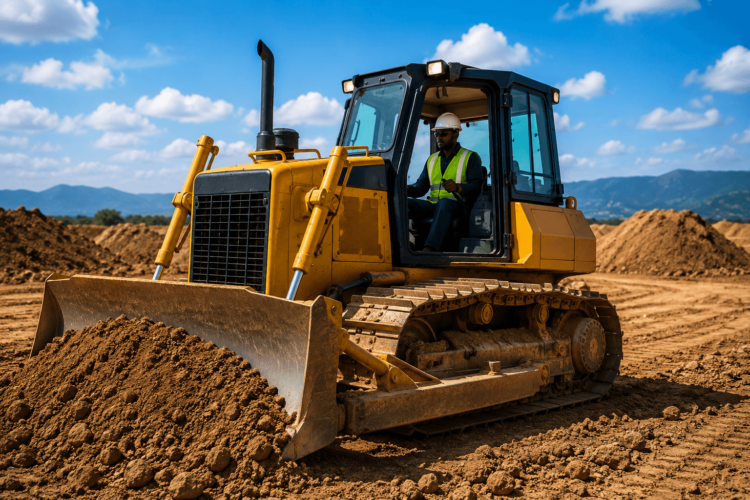 Surface Tracked Dozer Operator training with bulldozer pushing soil on a construction site.