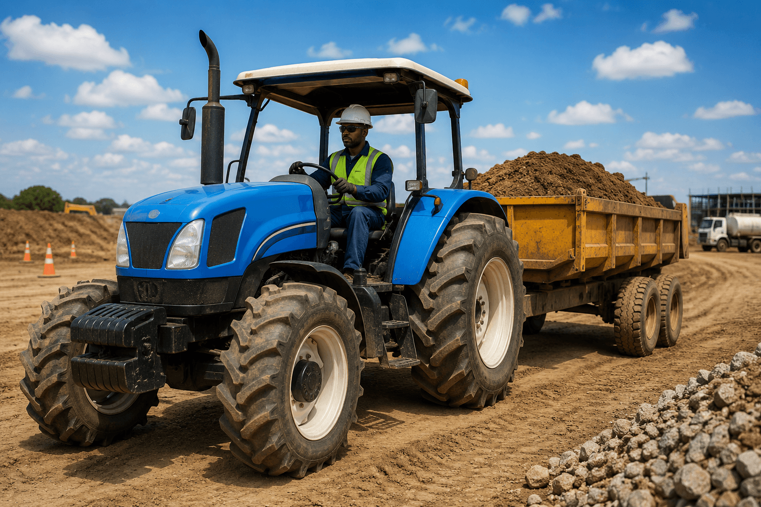 Tractor Operator training with construction tractor towing soil and materials on an earthmoving site.