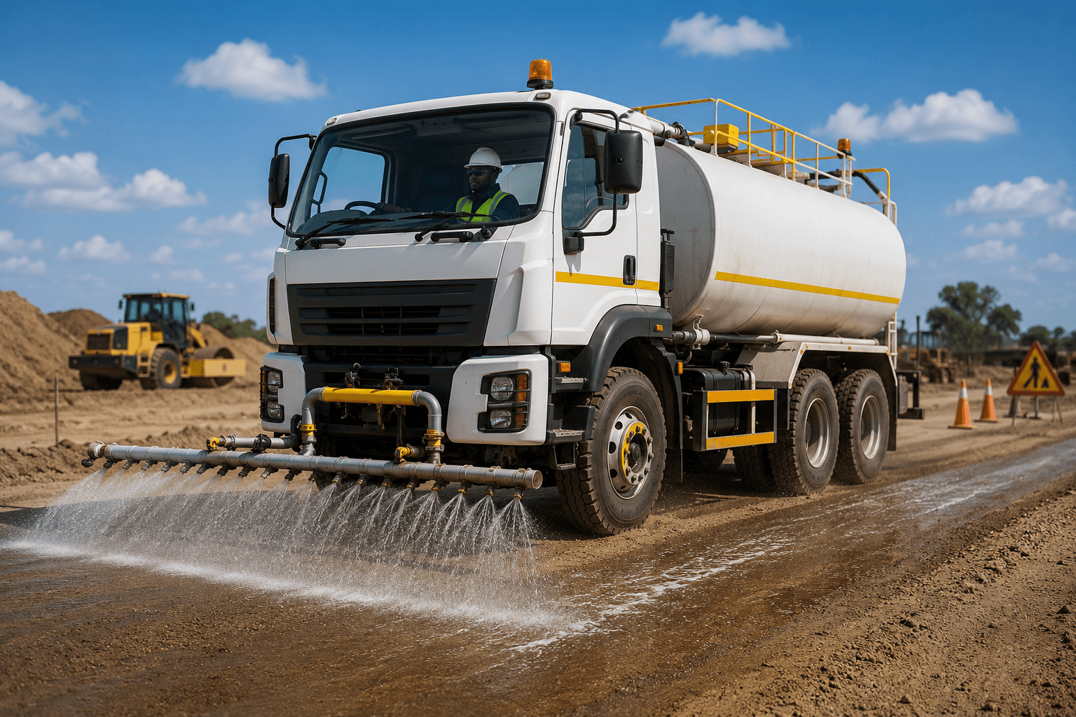 Water Cart Operator training with water truck spraying water for dust suppression on a construction site.
