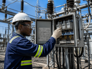 Electrical Network Operations (Medium and High Voltage) Course learner performing maintenance and testing on medium and high voltage electrical equipment at a power substation