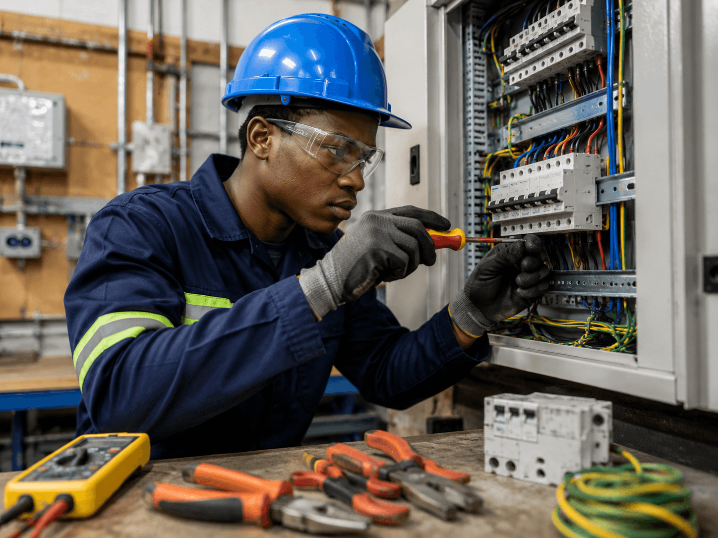Electrician's Assistant (Low Voltage Systems) Course learner installing and testing low voltage electrical systems in a practical workshop environment