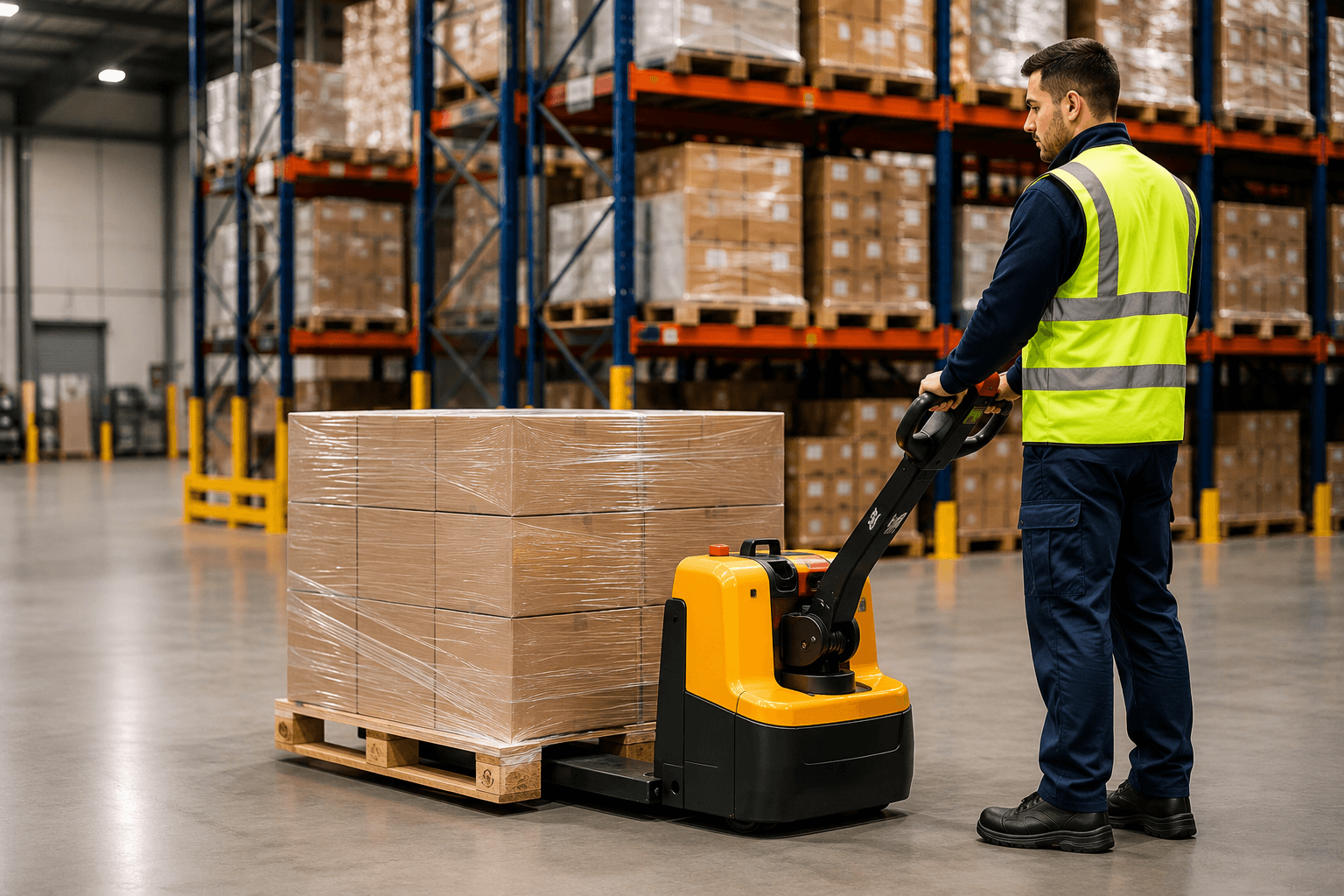 Pedestrian-controlled Lift Truck F6 Driver operating a powered pallet truck in a warehouse during safe material handling operations.