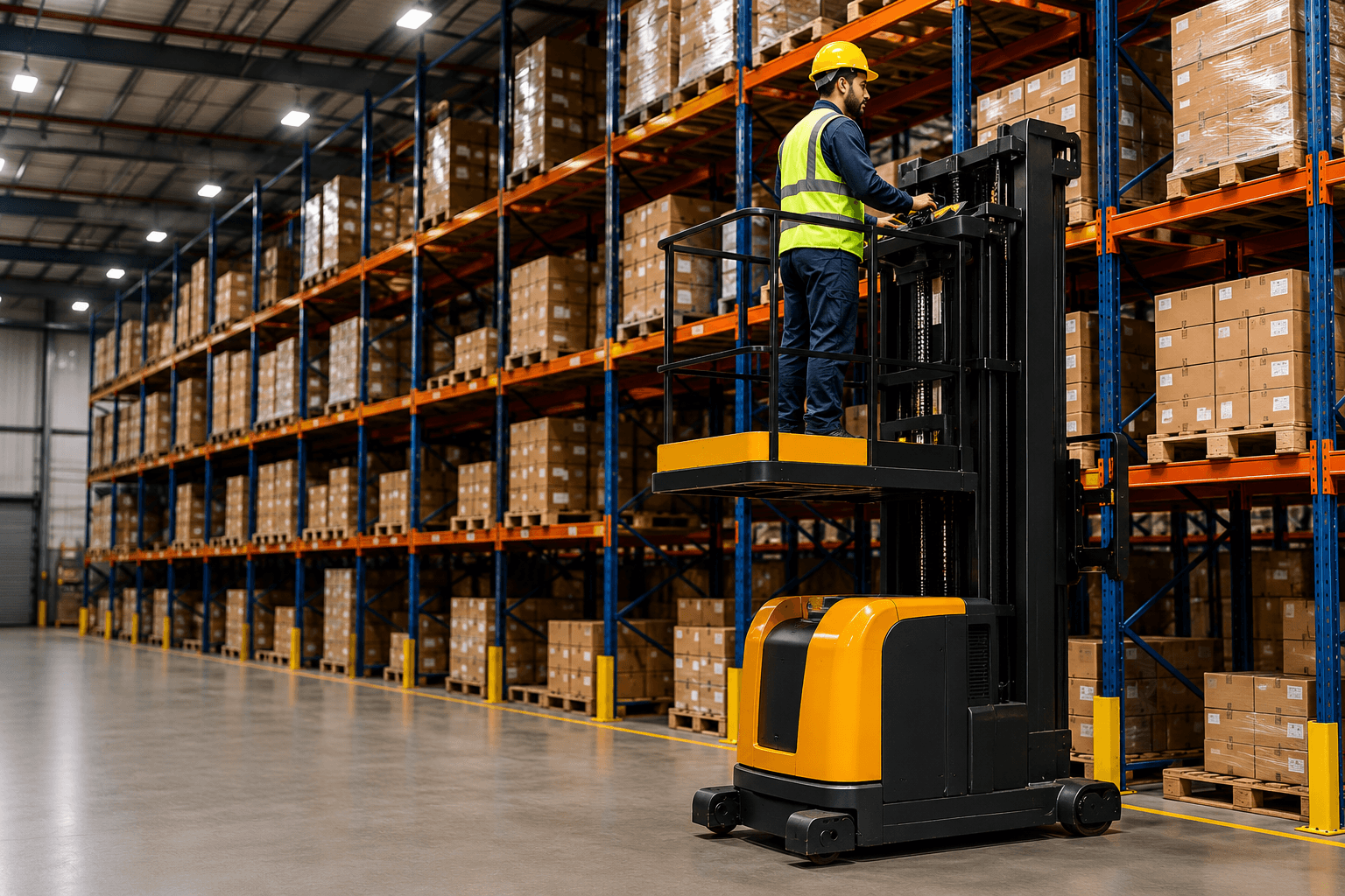 Order Picker Lift Truck F9 Driver operating an order picker lift truck at height in a warehouse during stock picking and material handling operations