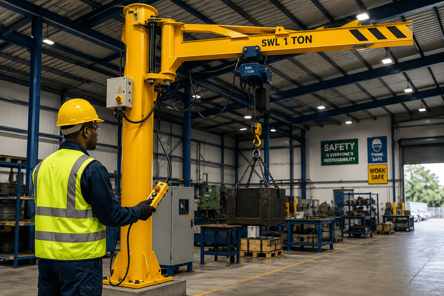 Pillar Mounted Jib Crane C54 Operator safely operating a pillar-mounted jib crane to lift materials in an industrial workshop environment