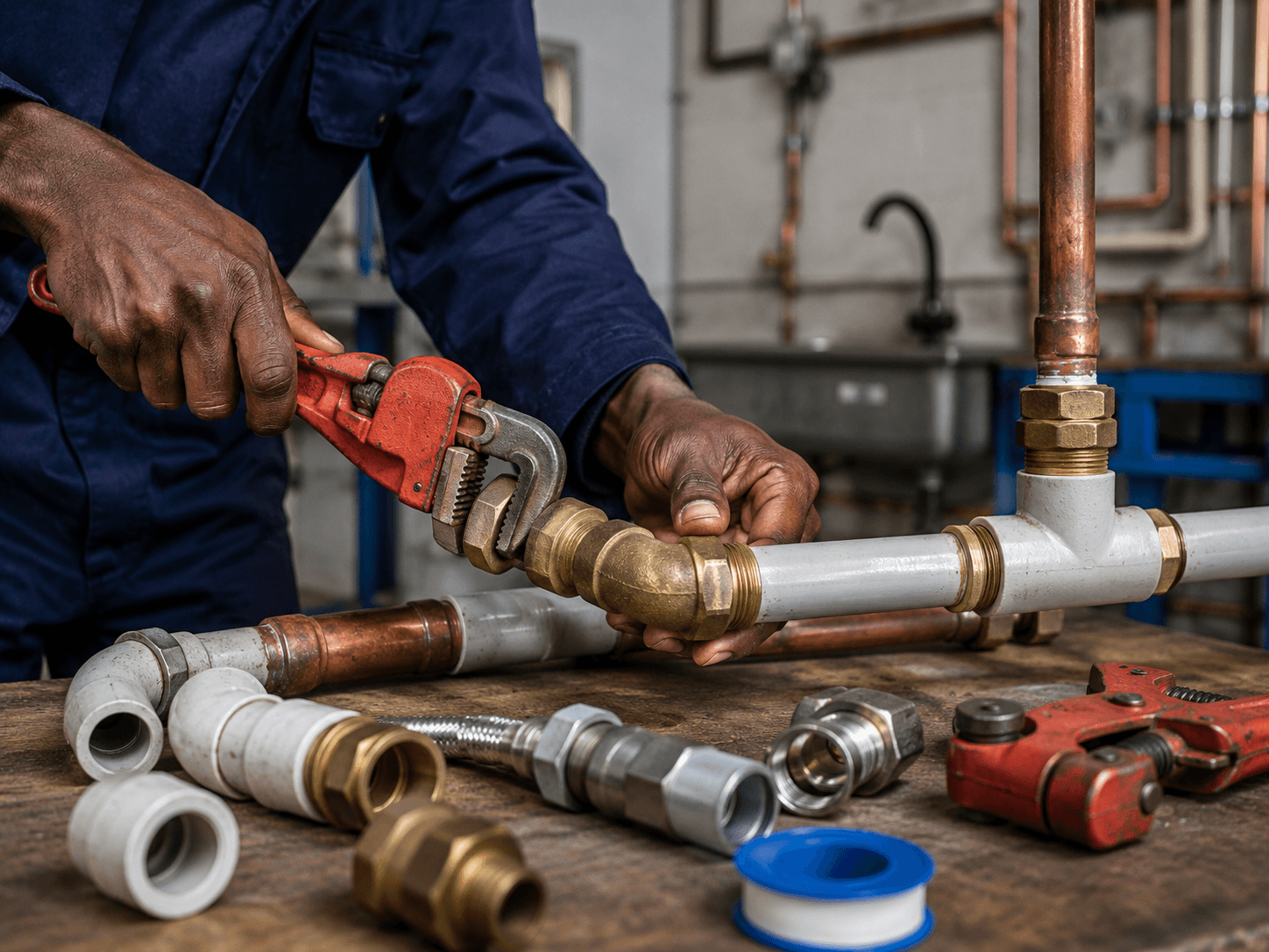 Plumbing Hands Course learner assembling and installing plumbing pipes and fittings during practical workshop training