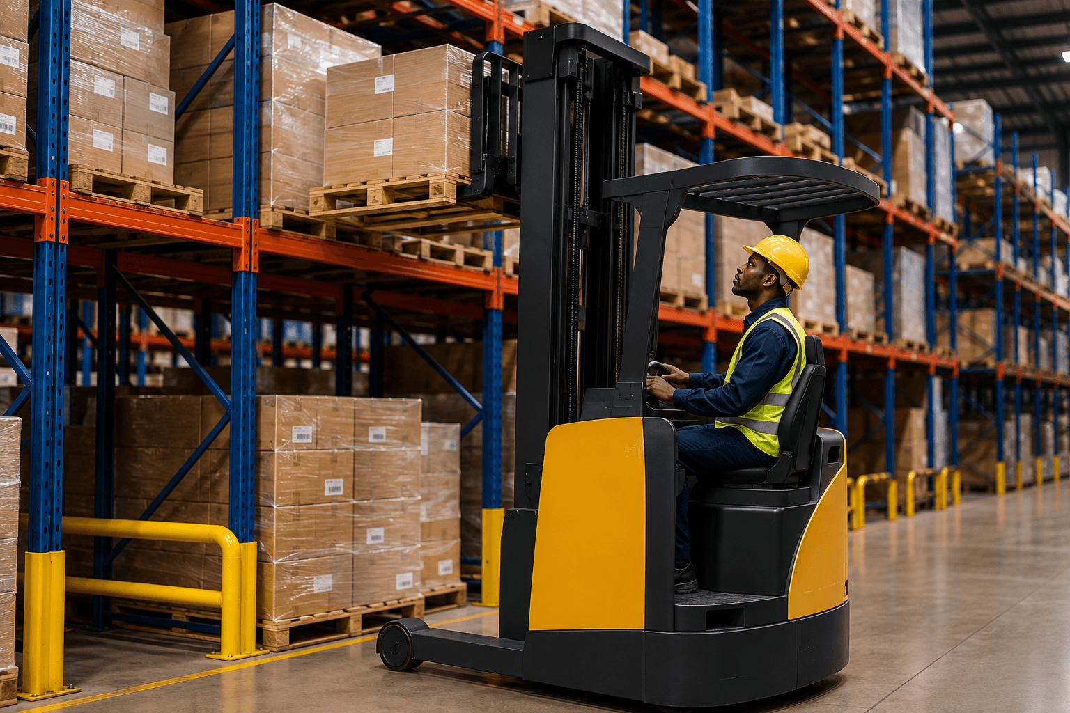 Reach Lift Truck F5 Driver operating a reach truck in a warehouse while stacking and retrieving pallets from high racking systems